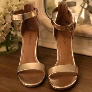 Report Gold Block Heel Sandals Ankle Strap 8.5